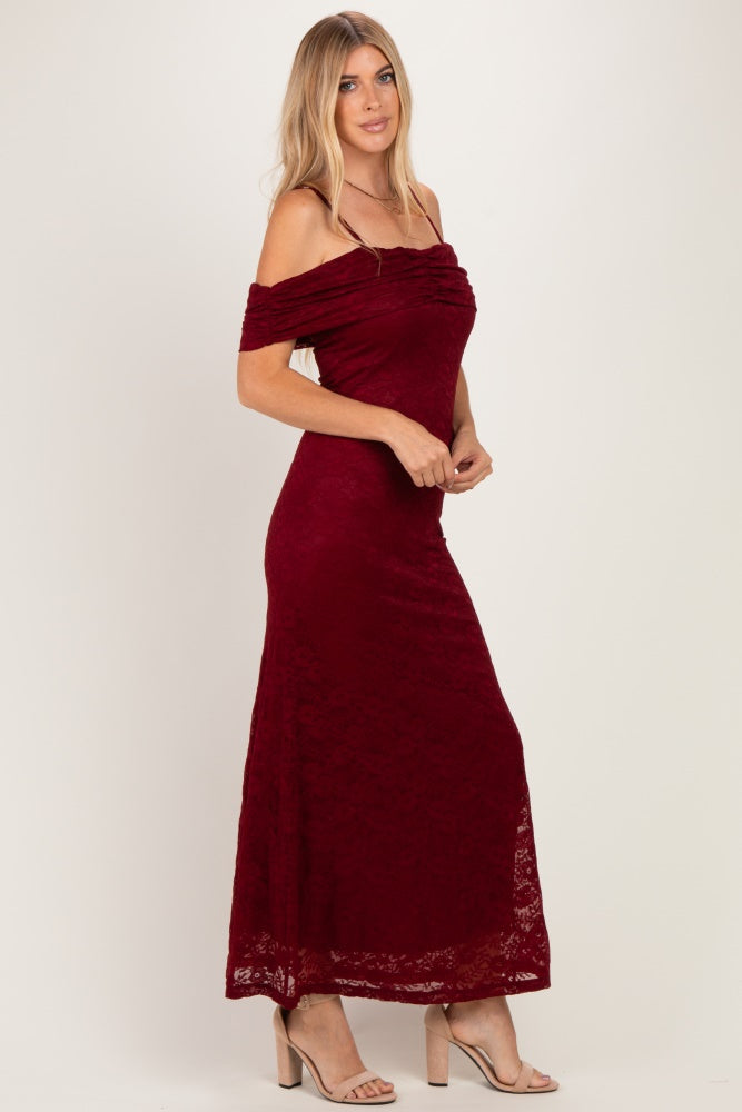 Burgundy Lace Off Shoulder Maxi Dress