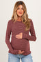 Burgundy Basic Striped Long Sleeve Maternity Top