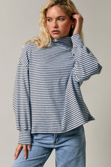 Light Blue Striped Mock Neck Oversized Top