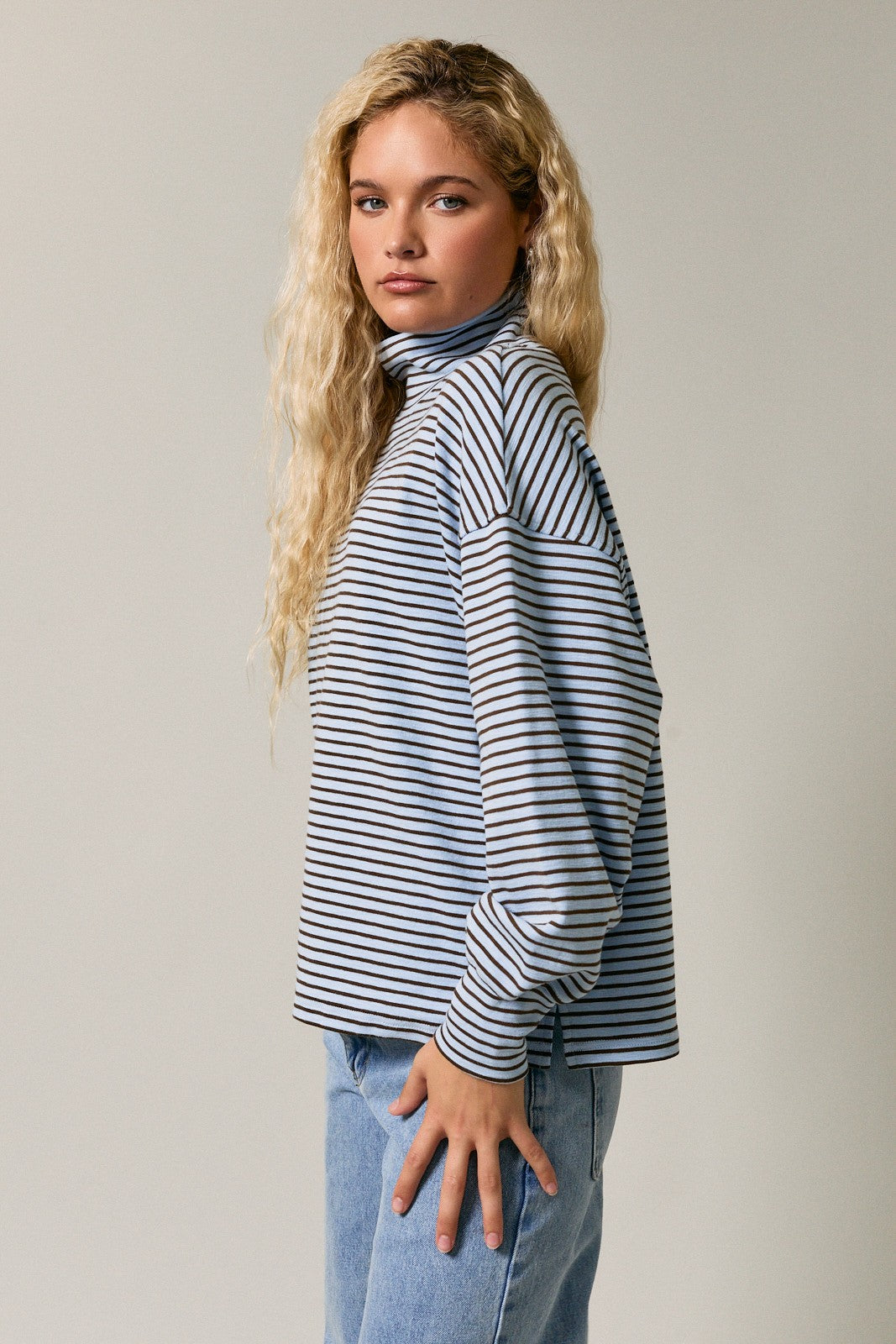 Light Blue Striped Mock Neck Oversized Top