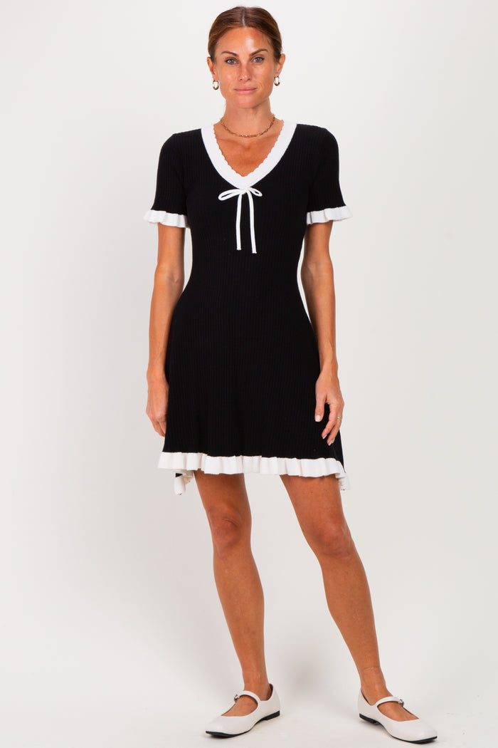 Black Contrast Ruffle Short Sleeve Maternity Mini Dress