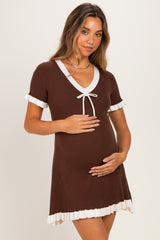 Brown Contrast Ruffle Short Sleeve Maternity Mini Dress