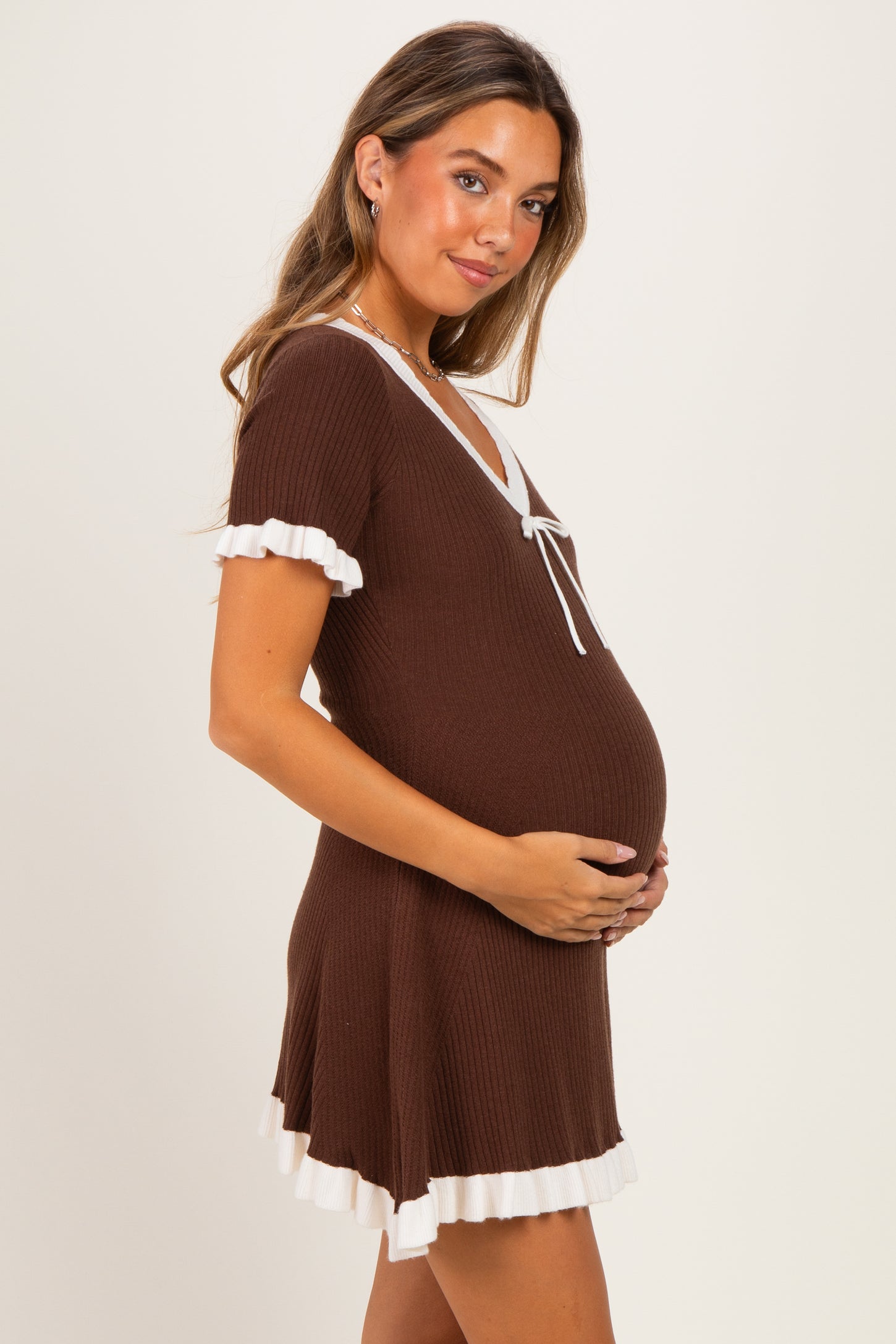 Brown Contrast Ruffle Short Sleeve Maternity Mini Dress
