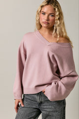 Dusty Pink V-Neck Drop Shoulder Sweater