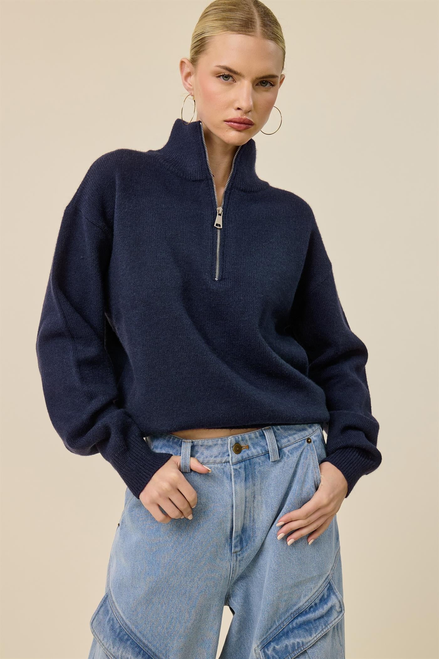 Navy Half Zip Mock Neck Maternity Sweater