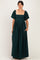 woman wearing a dark green maxi dress with a square neckline, short puff sleeves, and side pockets