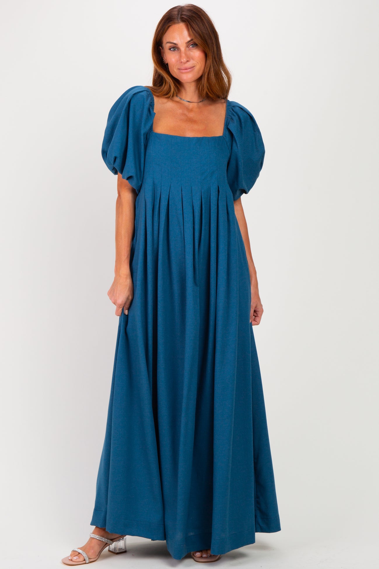 Teal Square Neck Puff Sleeve Maternity Maxi Dress