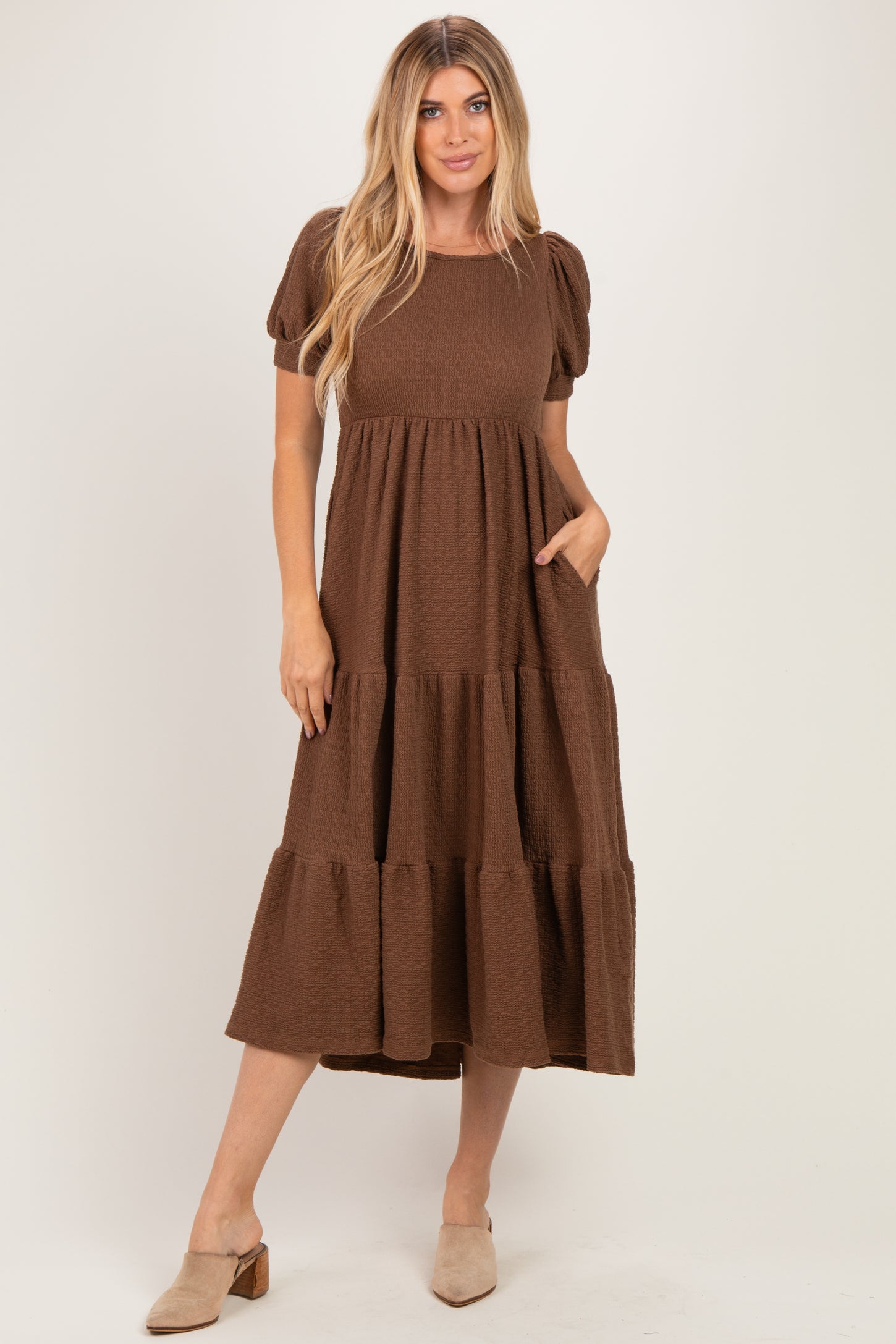 Brown Solid Short Sleeve Tiered Maternity Maxi Dress