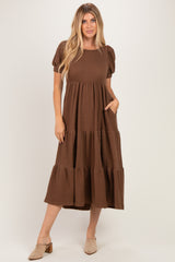 Brown Solid Short Sleeve Tiered Maternity Maxi Dress