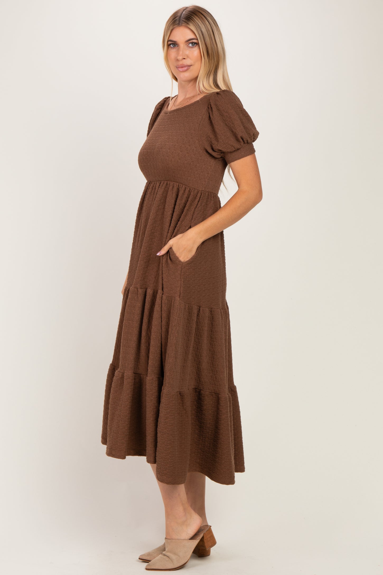 Brown Solid Short Sleeve Tiered Maternity Maxi Dress