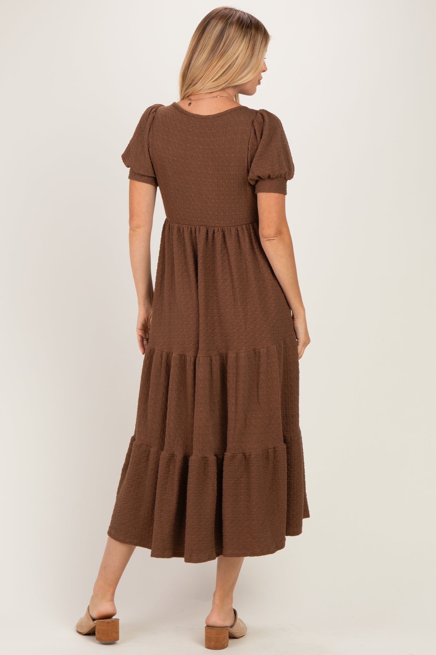Brown Solid Short Sleeve Tiered Maternity Maxi Dress