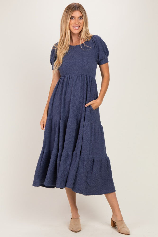 Blue Solid Short Sleeve Tiered Maternity Maxi Dress