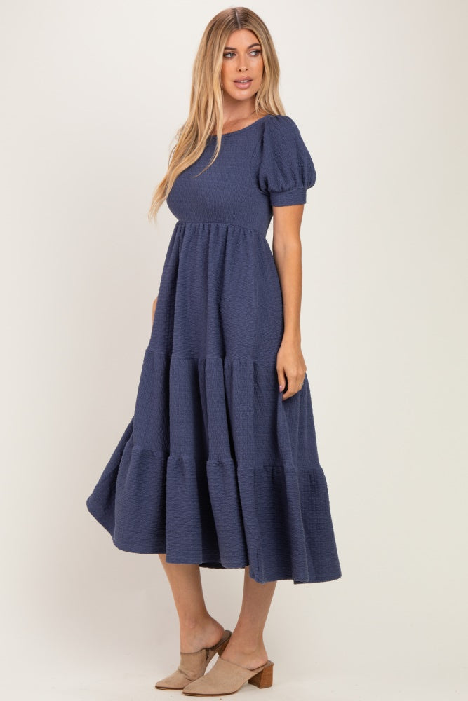 Blue Solid Short Sleeve Tiered Maternity Maxi Dress