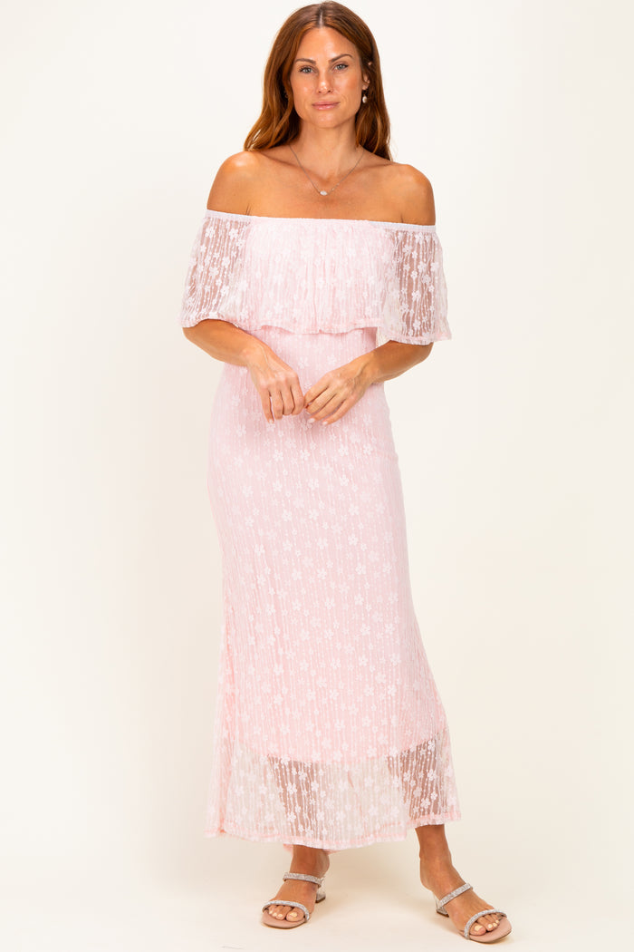 Light Pink Off Shoulder Lace Maternity Maxi Dress