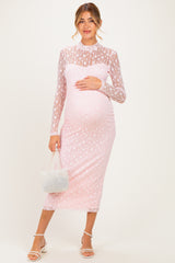 Light Pink Lace Mock Neck Long Sleeve Maternity Maxi Dress