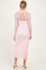 Light Pink Lace Mock Neck Long Sleeve Maternity Maxi Dress