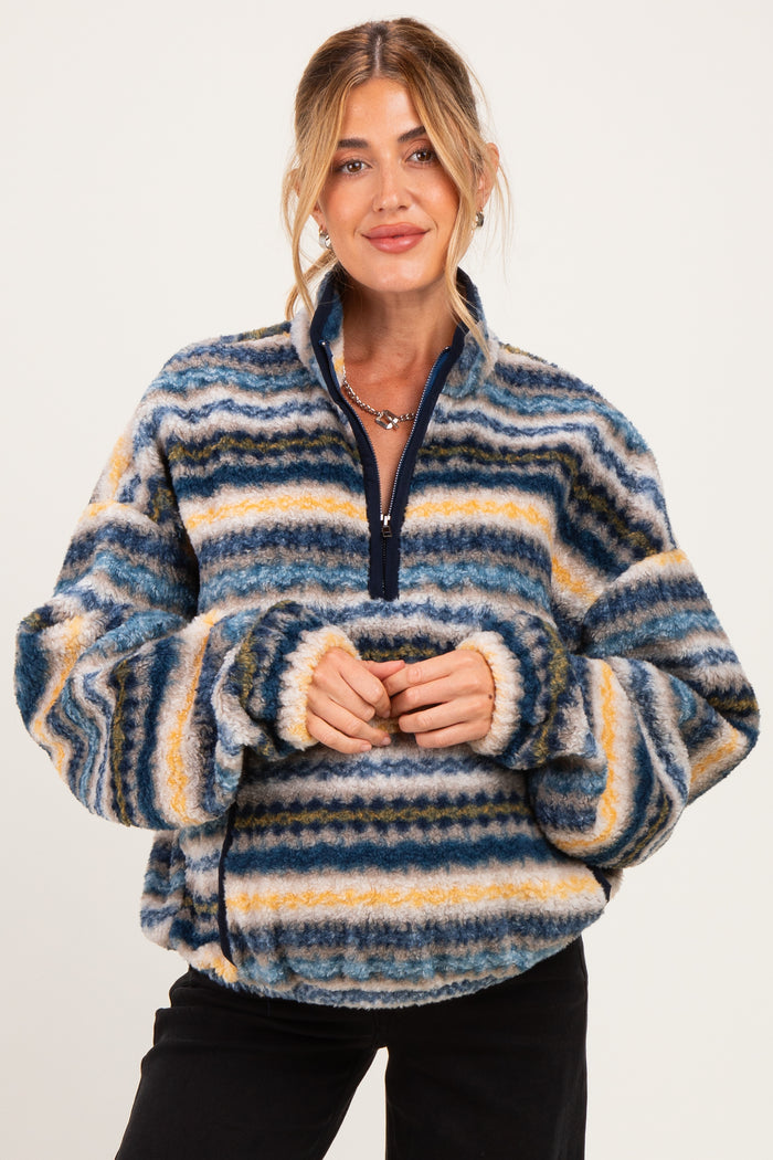 Blue Printed Fleece Oversized Half Zip Maternity Pullover