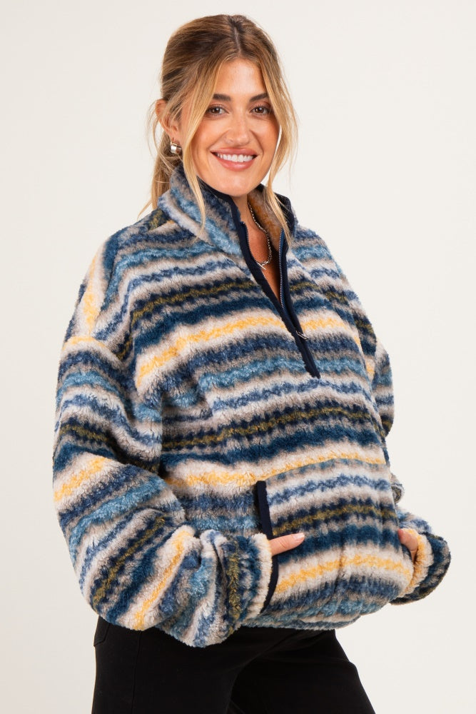 Blue Printed Fleece Oversized Half Zip Maternity Pullover