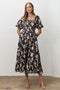 Black Floral Square Neck Puff Sleeve Midi Dress