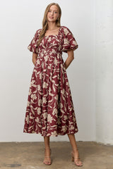 Mahogany Floral Square Neck Puff Sleeve Maternity Midi Dress