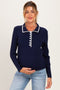 Navy Collared Front Button Stitch Accent Maternity Sweater