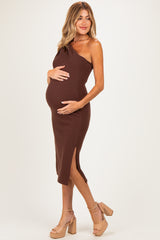 Brown One Shoulder Side Sit Maternity Midi Dress