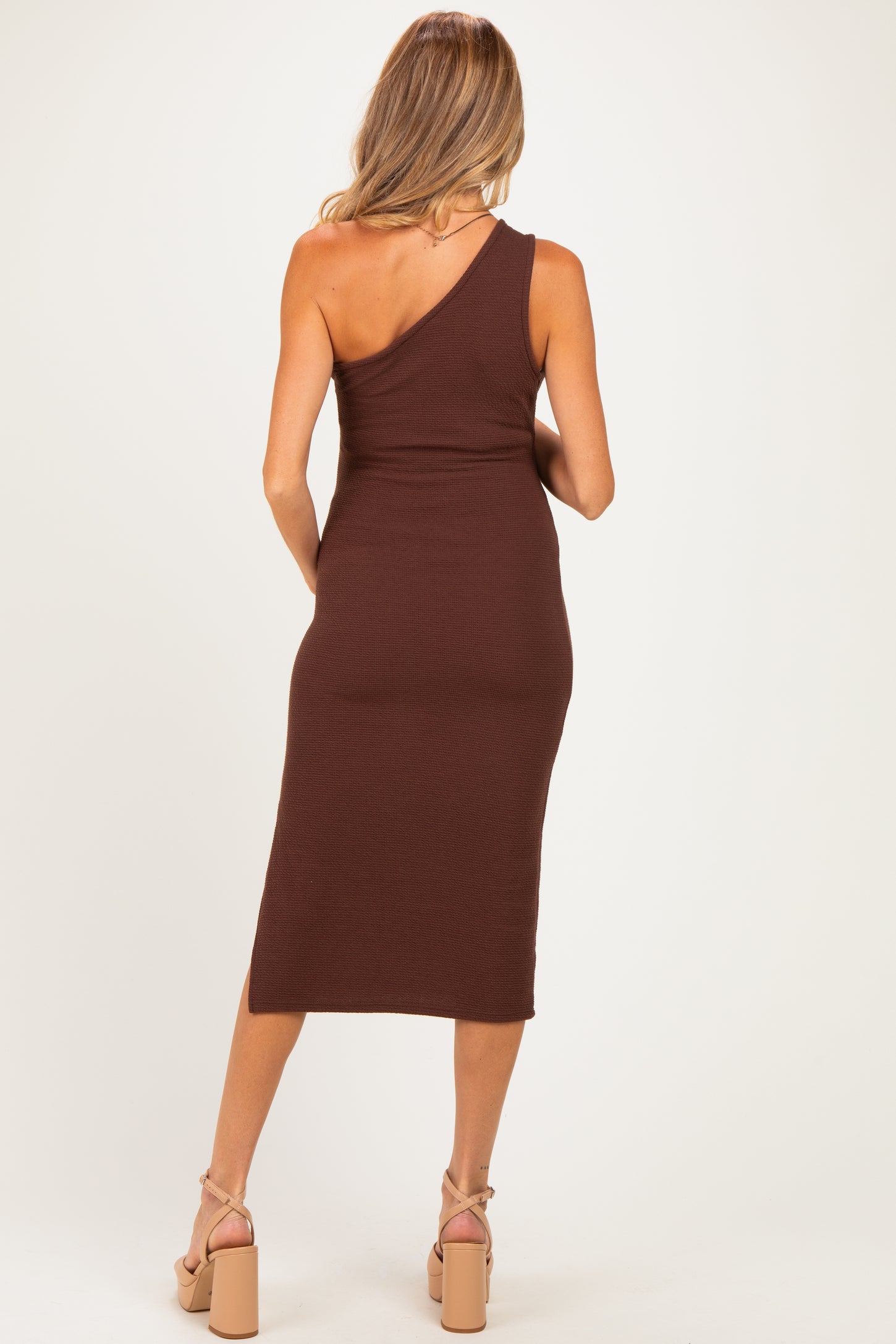 Brown One Shoulder Side Sit Maternity Midi Dress