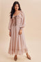 Primrose Brown Dot Smocked Ribbon Tie Ruffle Maxi Dress