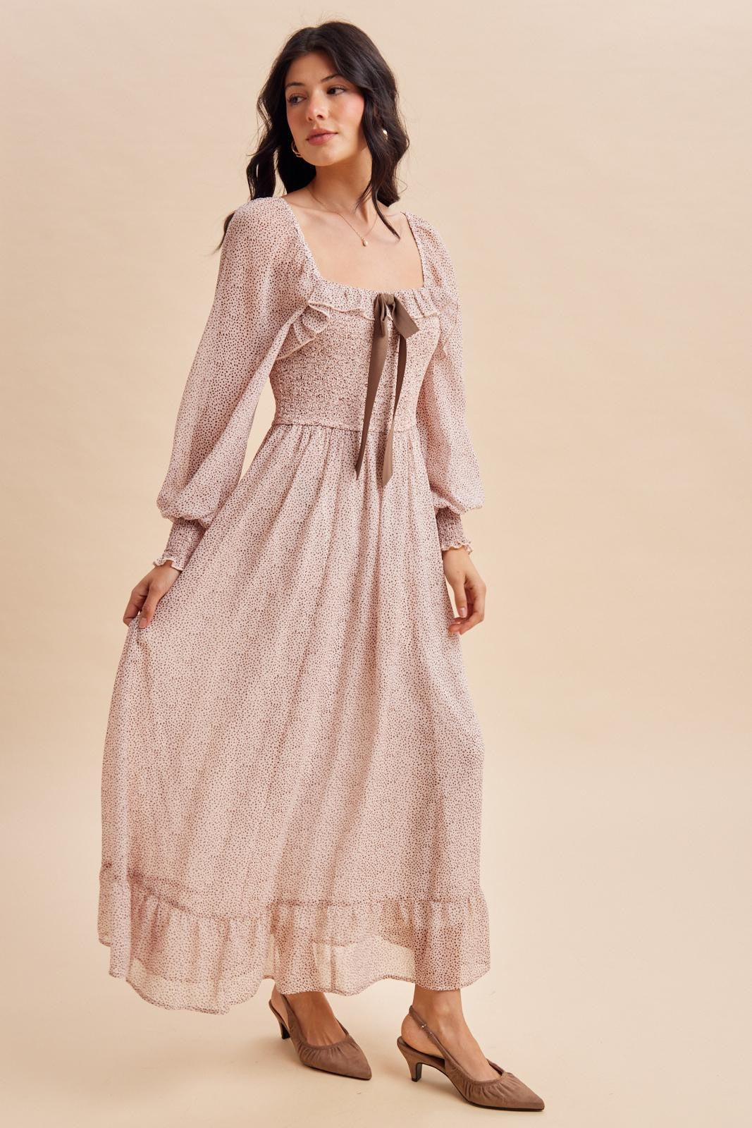 Primrose Brown Dot Smocked Ribbon Tie Ruffle Maxi Dress