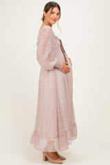 Primrose Brown Dot Smocked Ribbon Tie Ruffle Maternity Maxi Dress