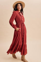 Terracotta Pleated Front Button Down Maxi Dress