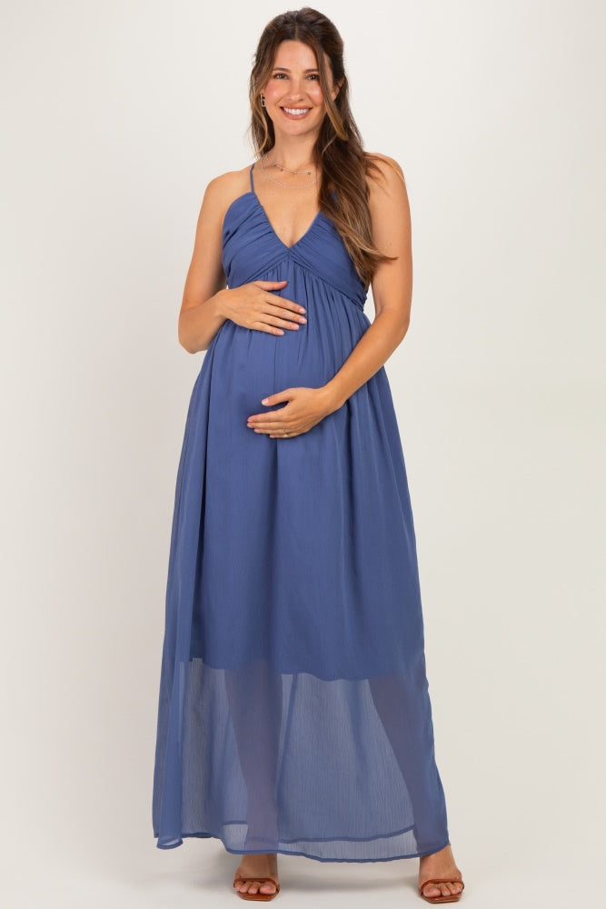 Dusty Blue Crinkle Chiffon V-Neck Maternity Maxi Dress