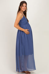 Dusty Blue Crinkle Chiffon V-Neck Maternity Maxi Dress