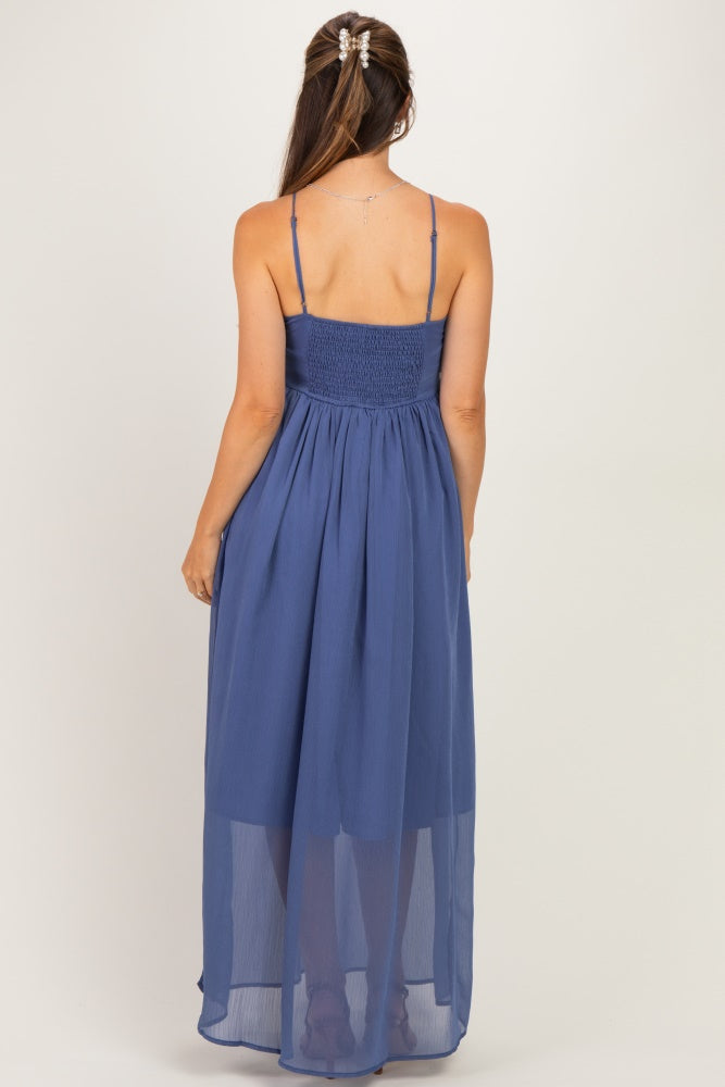 Dusty Blue Crinkle Chiffon V-Neck Maternity Maxi Dress
