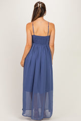 Dusty Blue Crinkle Chiffon V-Neck Maternity Maxi Dress