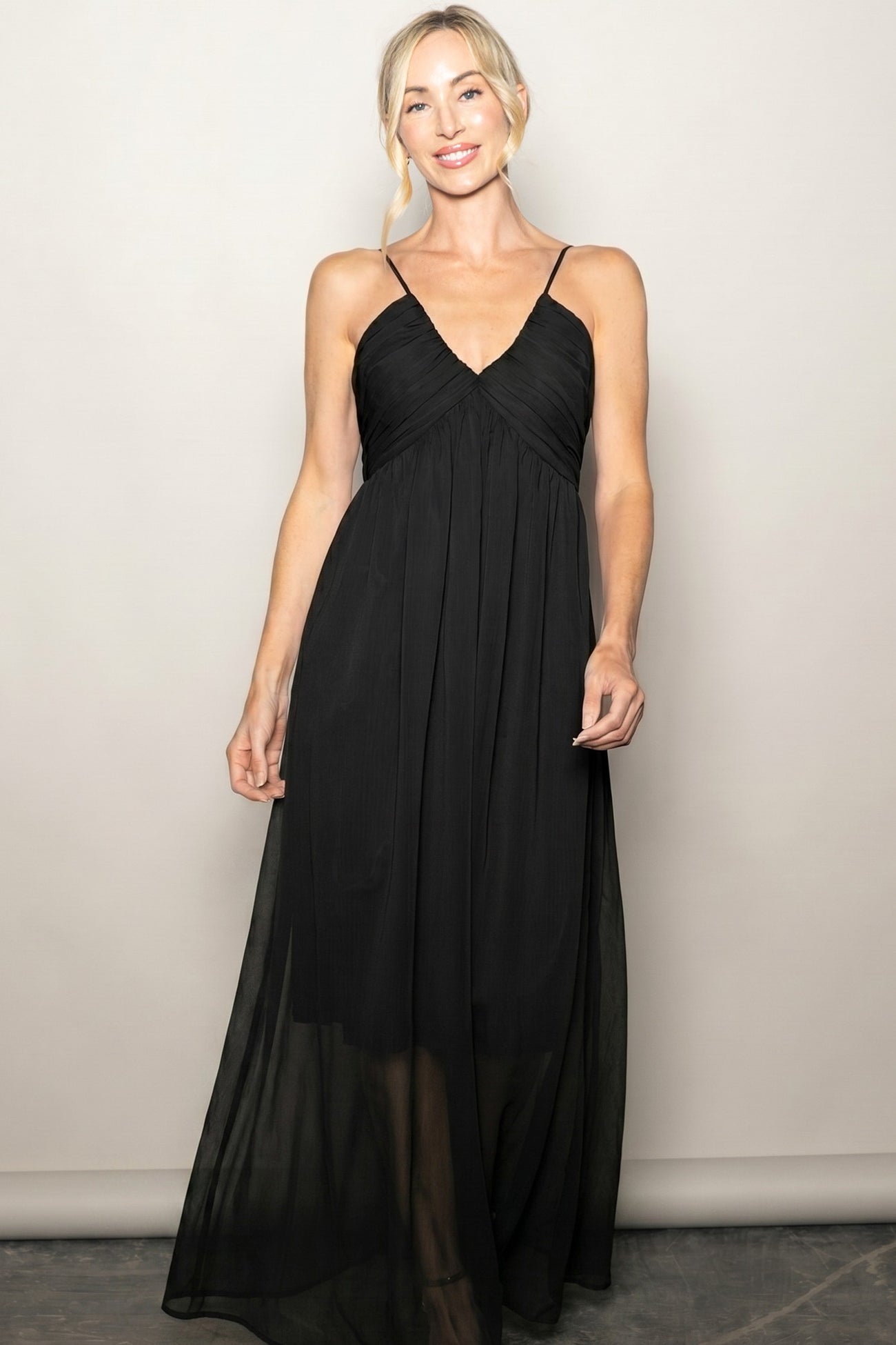 Black Crinkle Chiffon V-Neck Maxi Dress