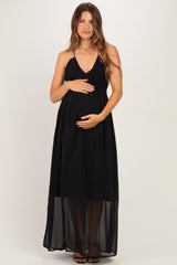Black Crinkle Chiffon V-Neck Maternity Maxi Dress