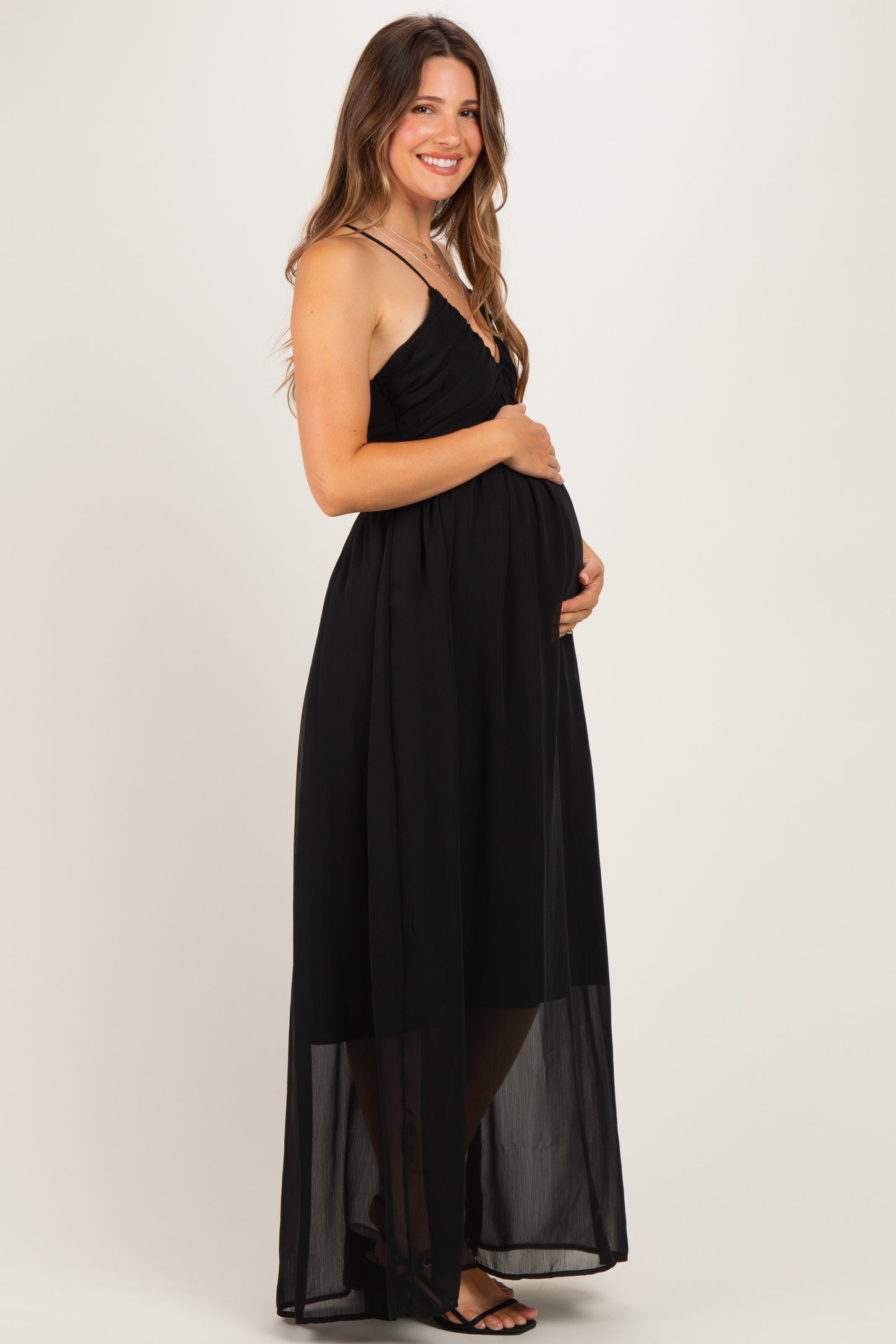 Black Crinkle Chiffon V-Neck Maternity Maxi Dress