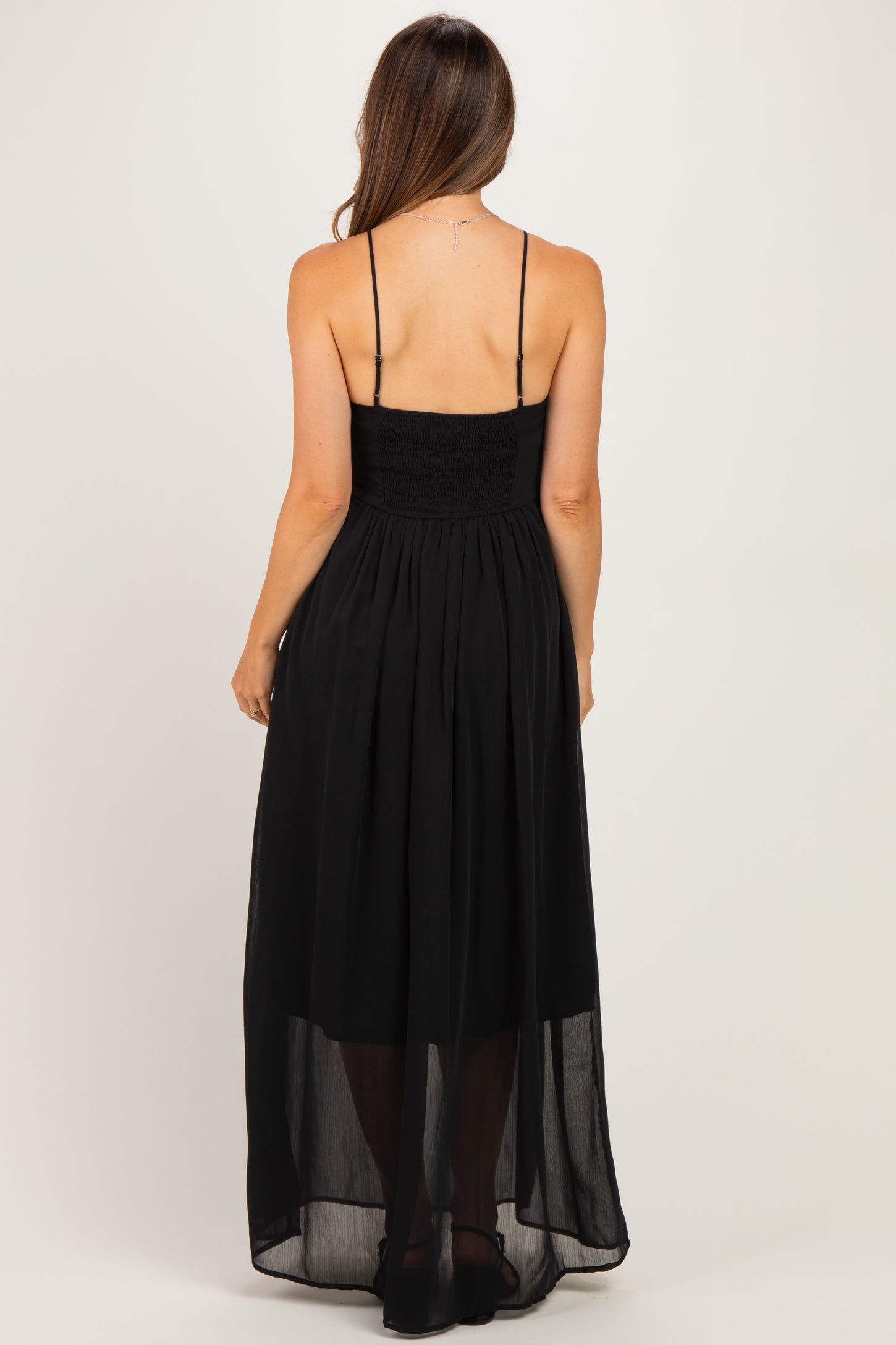 Black Crinkle Chiffon V-Neck Maternity Maxi Dress