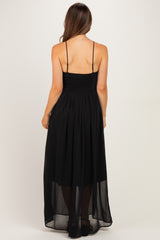 Black Crinkle Chiffon V-Neck Maternity Maxi Dress