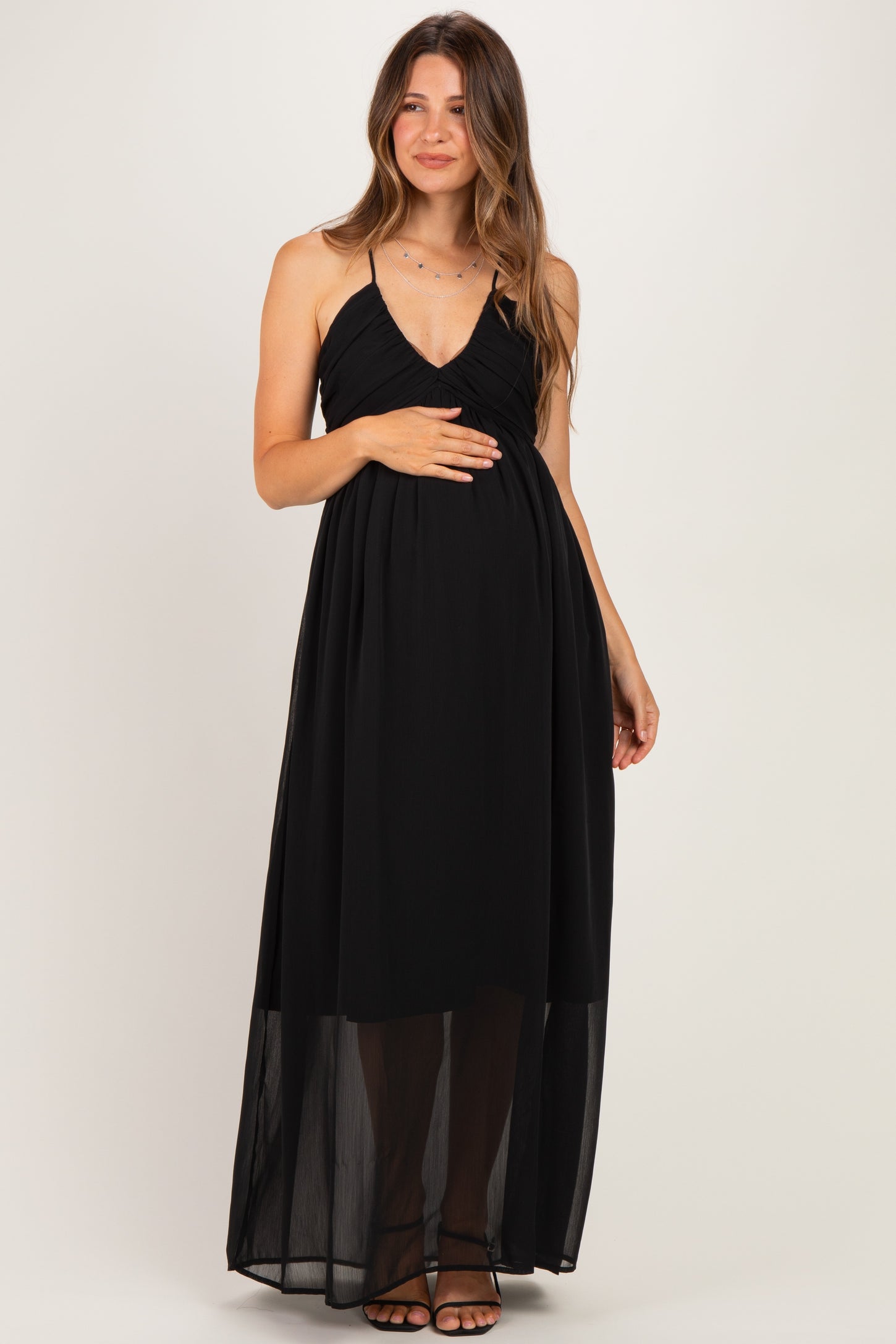 Black Crinkle Chiffon V-Neck Maternity Maxi Dress