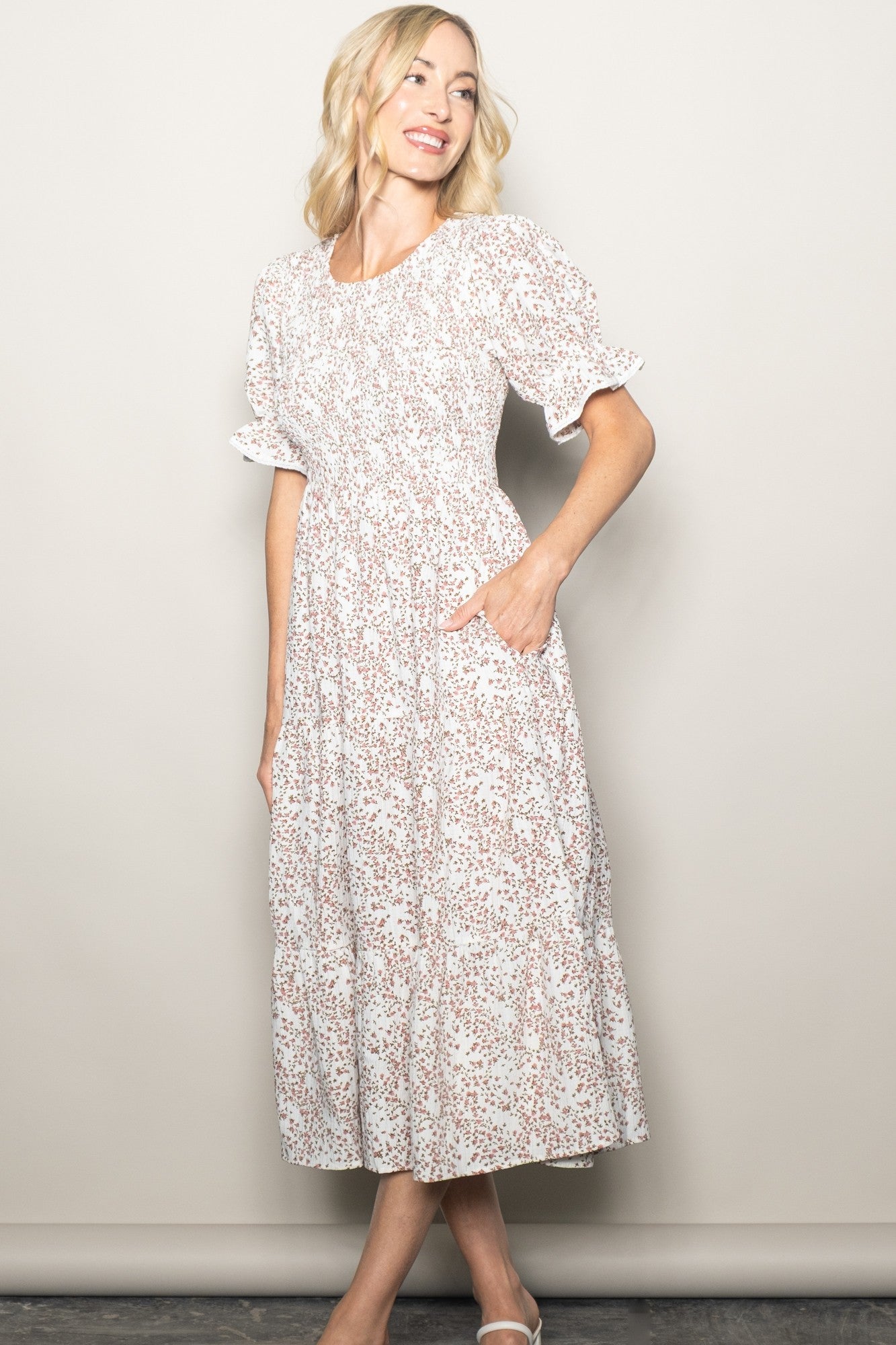Cream Floral Smocked Lace Trim Midi Dress