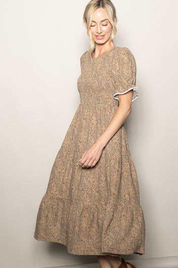 Taupe Floral Smocked Lace Trim Midi Dress