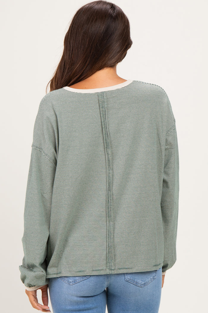 women's maternity wear in green striped long sleeve top, featuring a relaxed fit and back seam detail