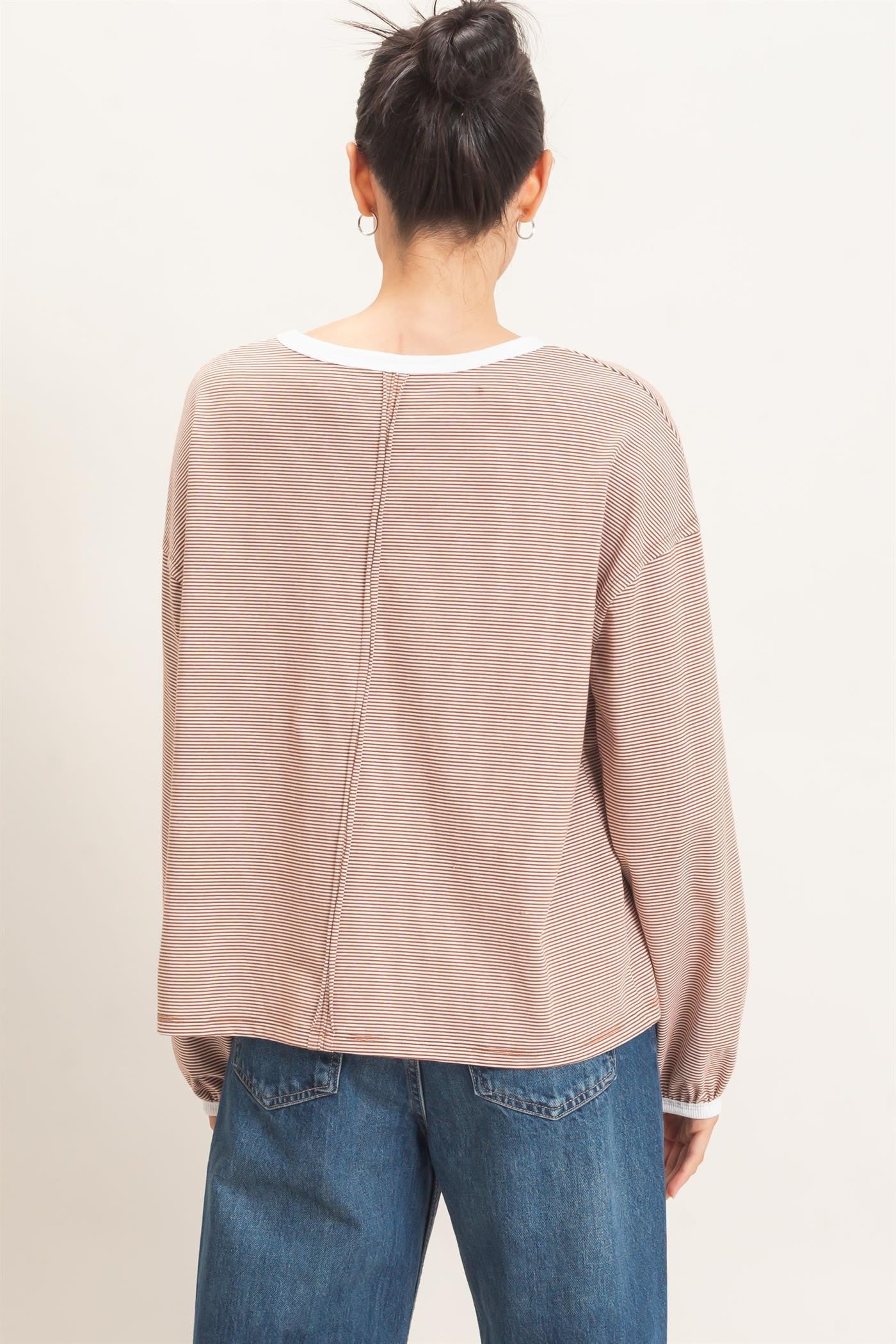 Brick Striped Boat Neck Long Sleeve Top