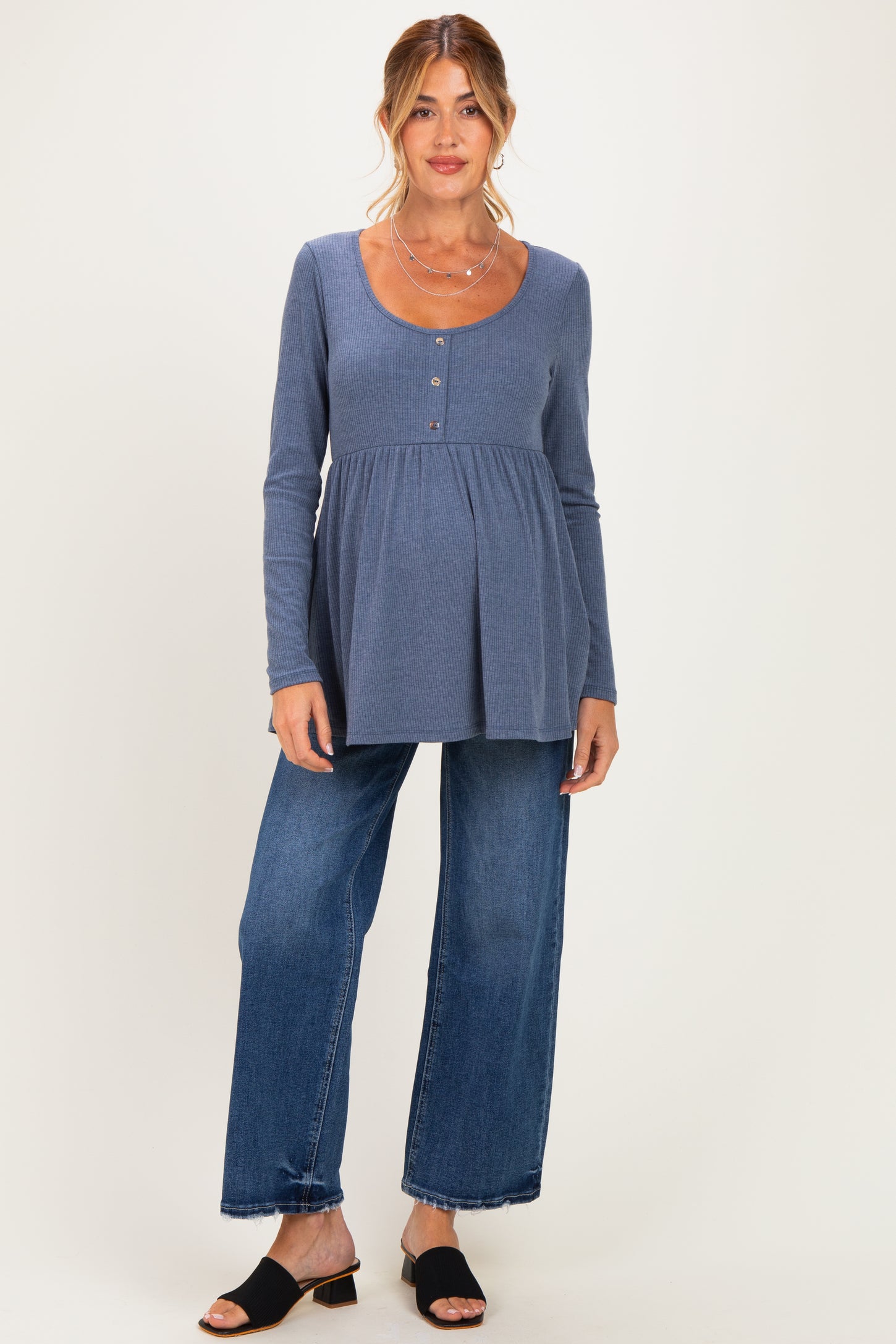 Blue Scoop Neck Button Front Long Sleeve Babydoll Maternity Top