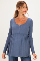 Blue Scoop Neck Button Front Long Sleeve Babydoll Maternity Top