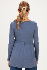 Blue Scoop Neck Button Front Long Sleeve Babydoll Maternity Top