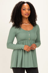 Sage Scoop Neck Button Front Long Sleeve Babydoll Maternity Top