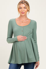Sage Scoop Neck Button Front Long Sleeve Babydoll Maternity Top